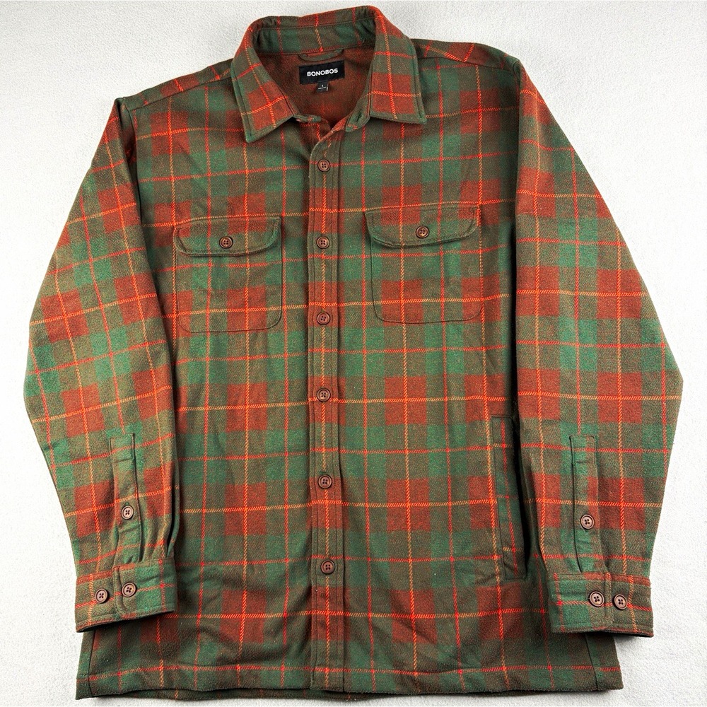 Bonobos Heavyweight Plaid Overshirt Men's Large Green Brown Shirt Jacket